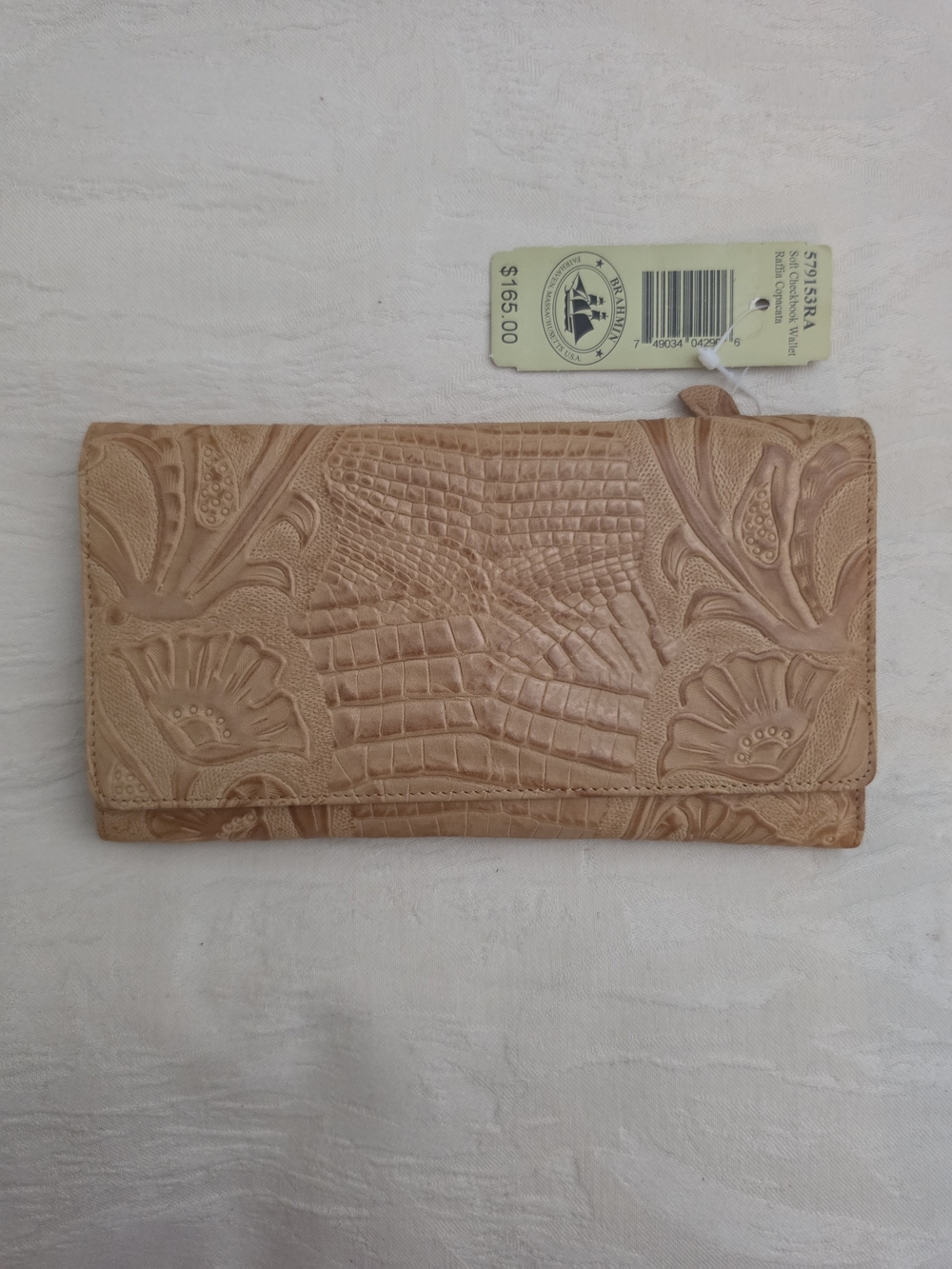 Brahmin Vintage Soft Checkbook Wallet in Raffia Copacata Tooled Leather Tan